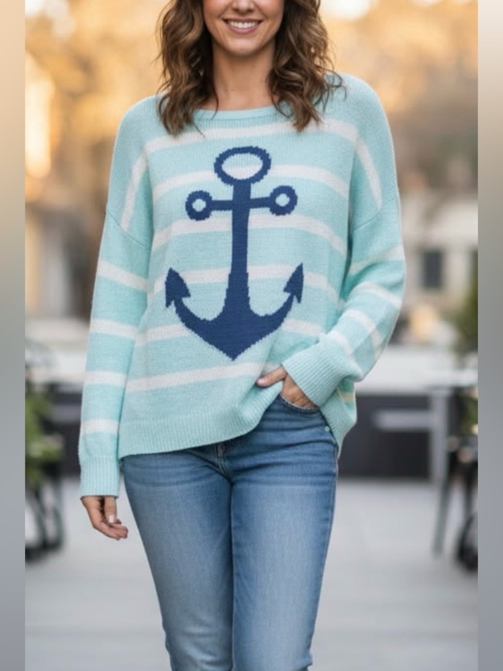 Nautical Sea Anchor Crew Neck Knit Sweater Relaxed Fit Blue/White Women’s Large